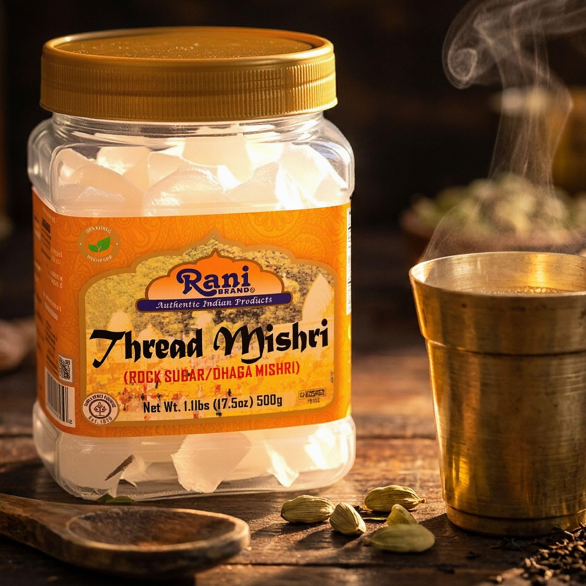 Rani Brand PET jar label detail highlighting natural ingredients and origin benefits
