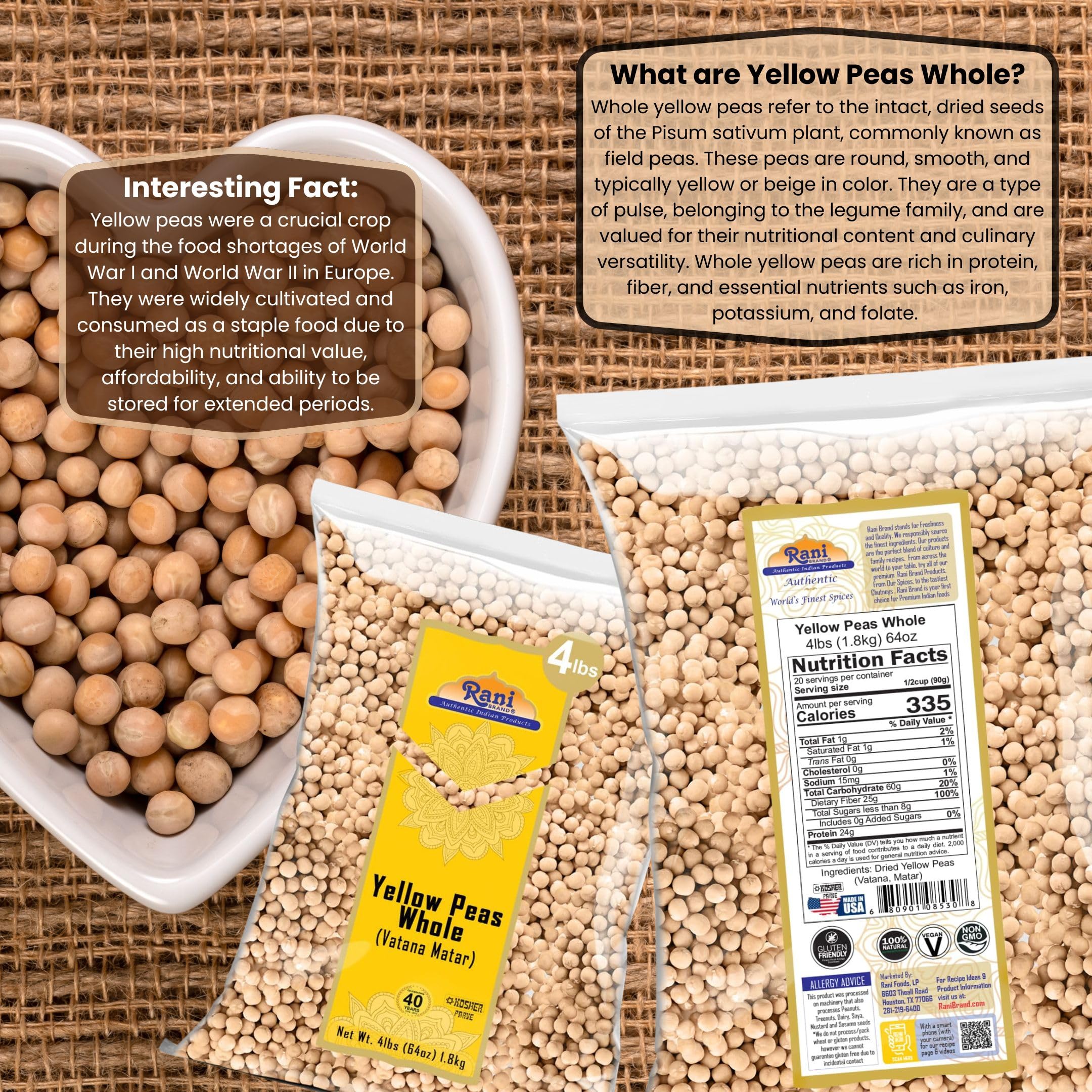Measuring cup of Rani yellow peas beside ruler showing bulk 64oz scale benefit