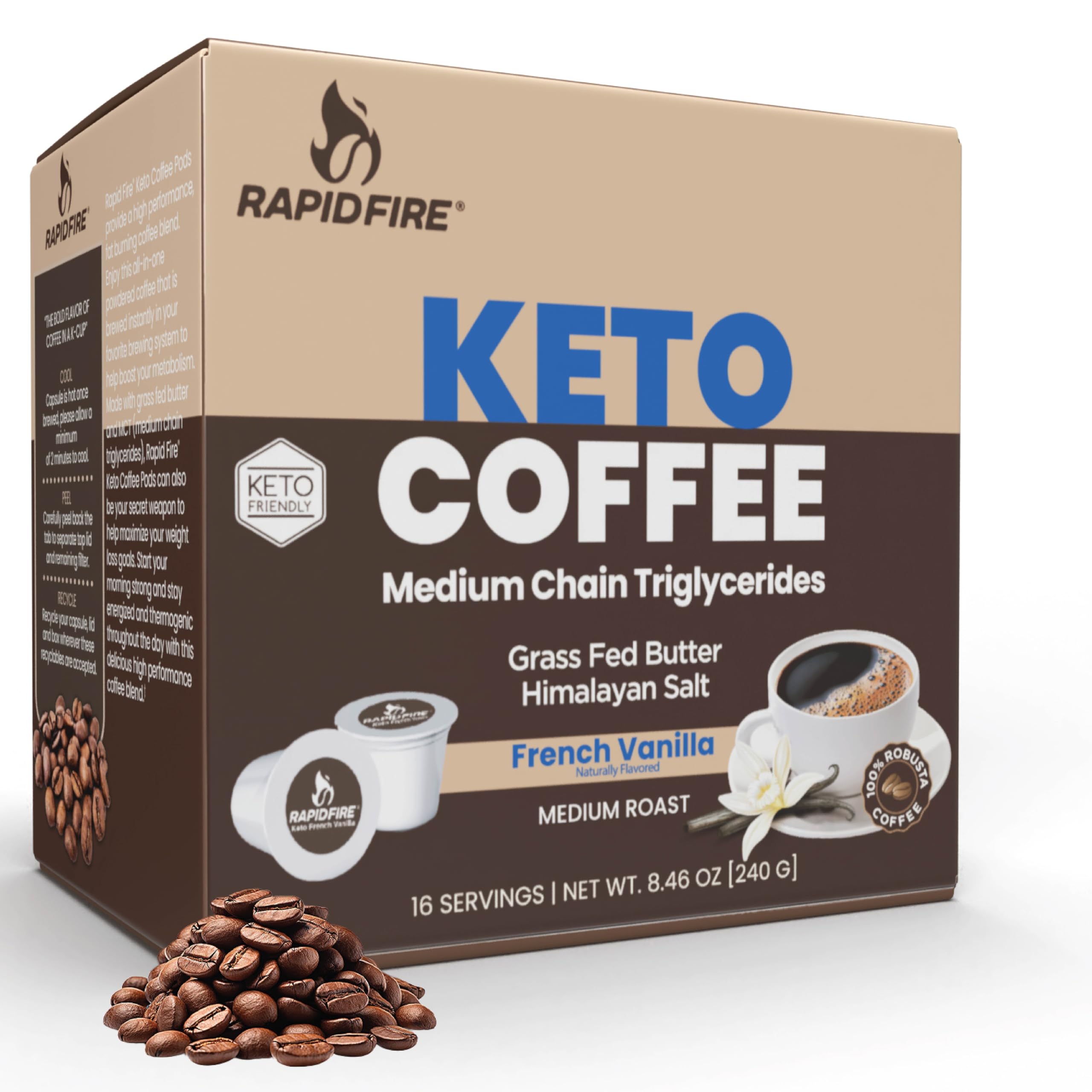 Rapid Fire front packaging showing French Vanilla pods and benefits