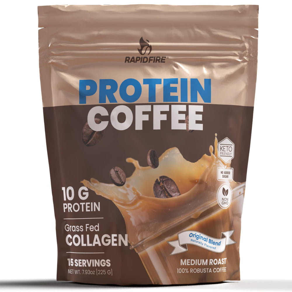 Rapid Fire front packaging showing instant protein coffee for convenience