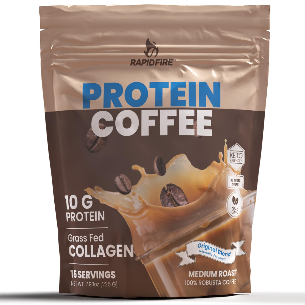 Rapid Fire front packaging showing instant protein coffee for convenience