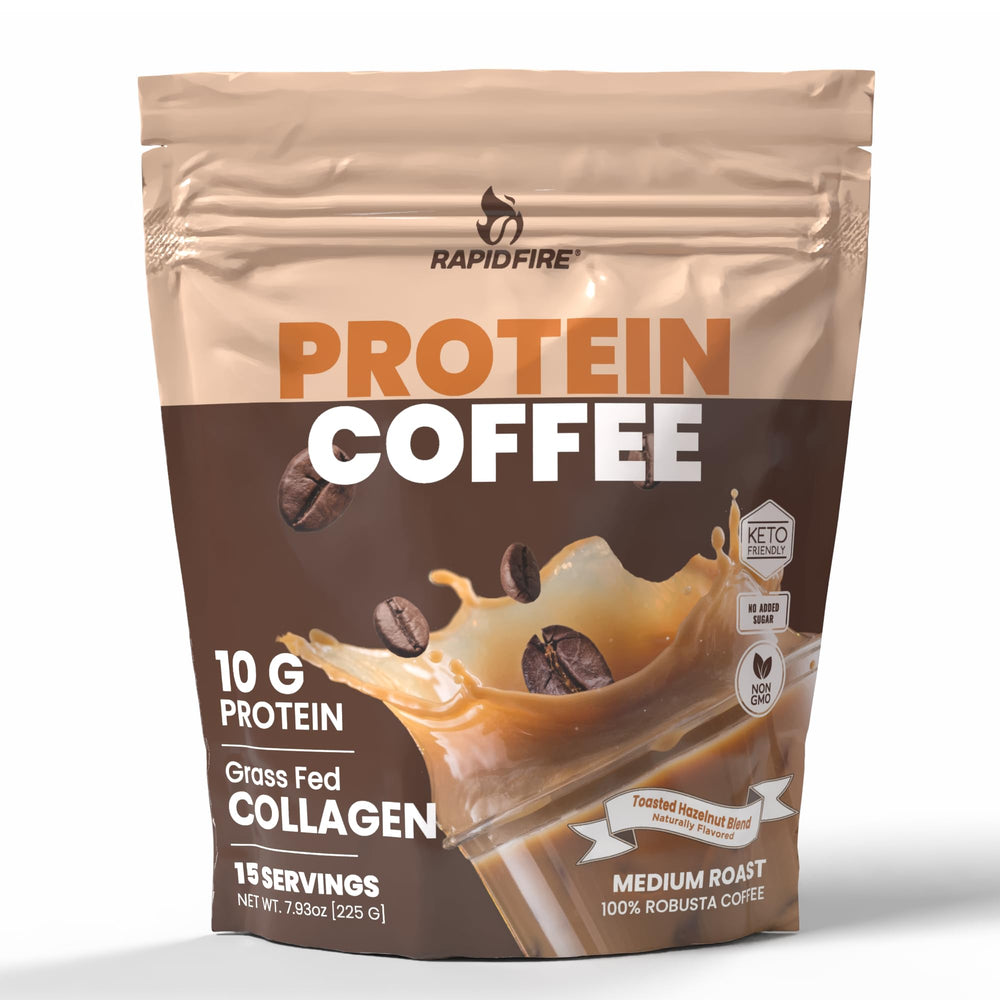 Rapid Fire front pack showing hazelnut flavor and serving info for quick identification and convenience