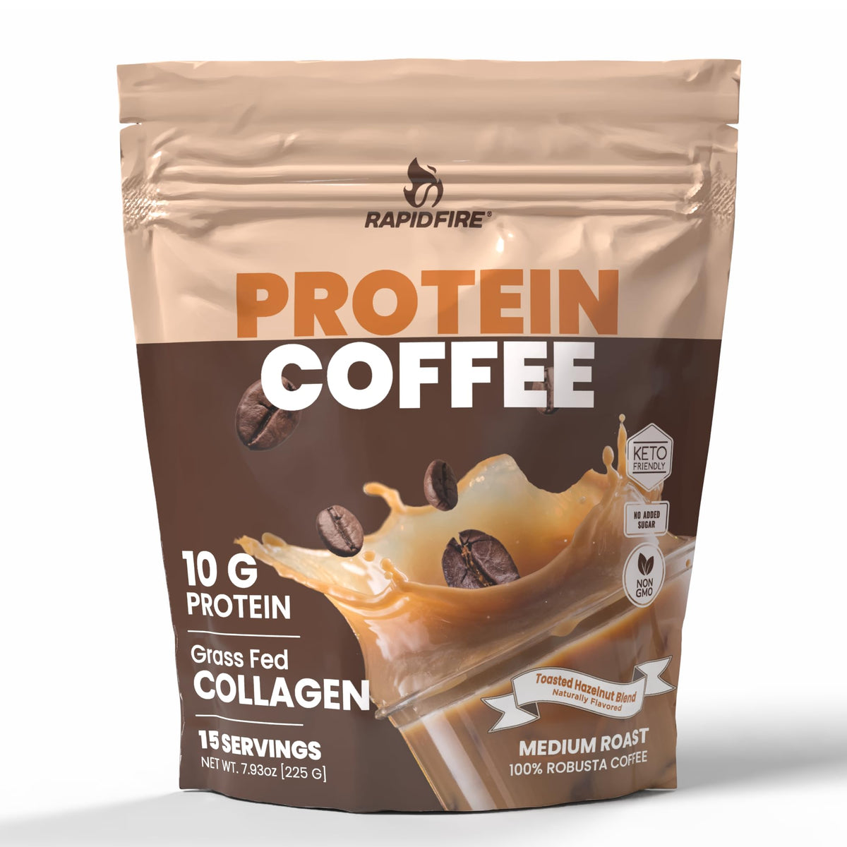 Rapid Fire front pack showing hazelnut flavor and serving info for quick identification and convenience