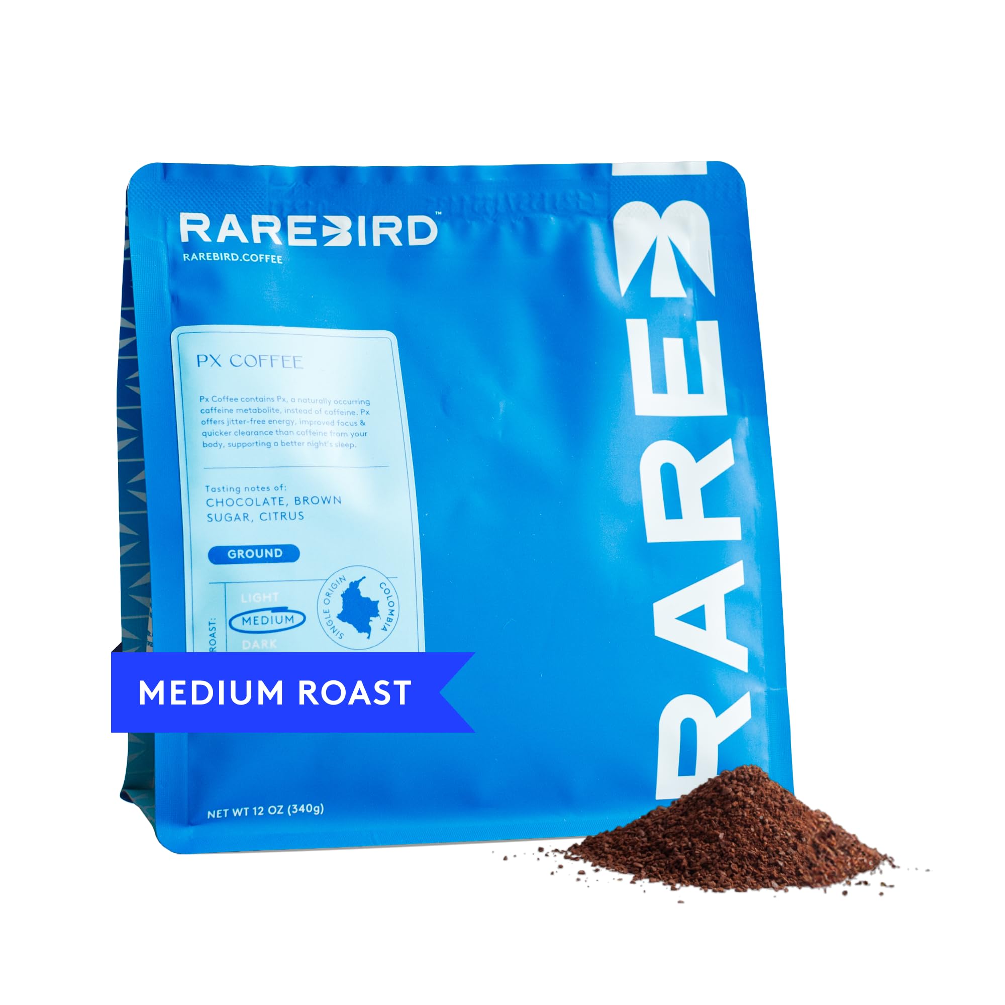 Rarebird front packaging showing low-acid specialty coffee and paraxanthine benefit