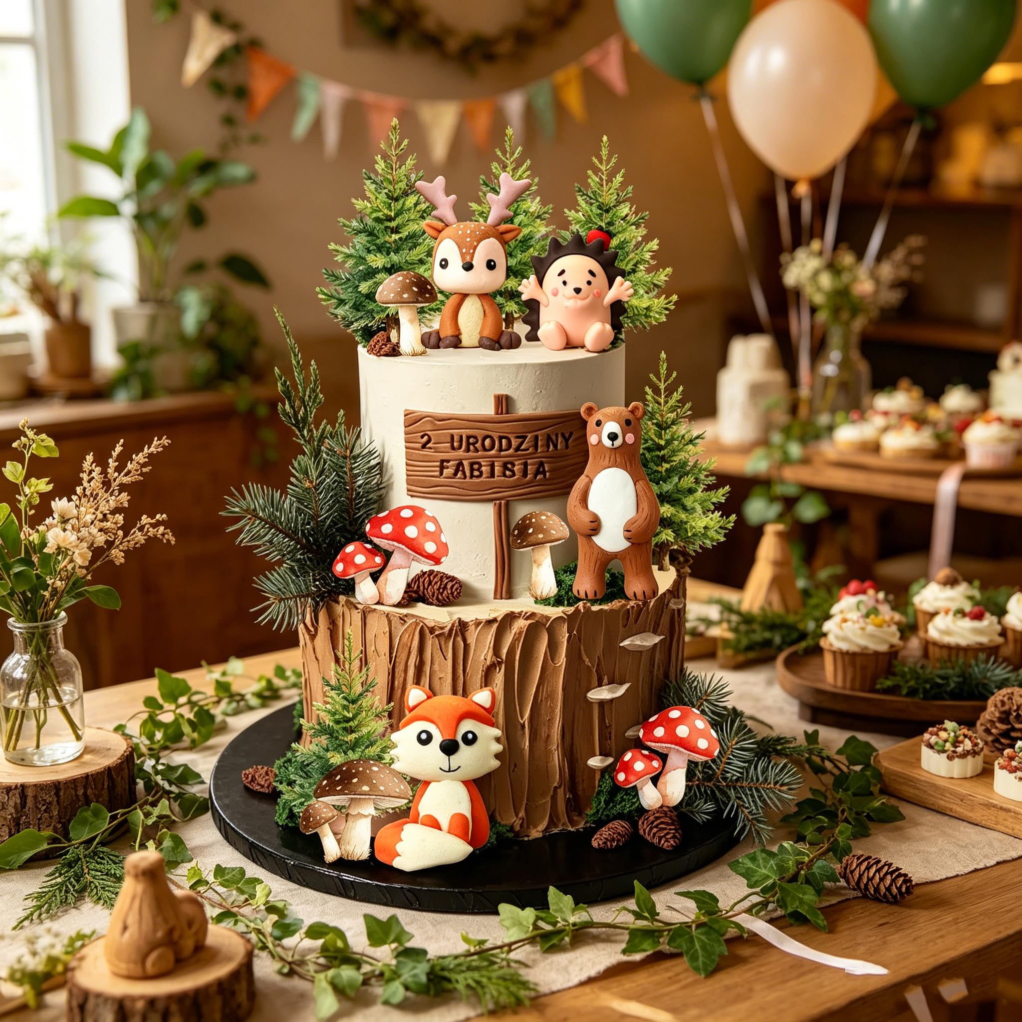 RASSLISA toppers arranged on single-layer cake demonstrating quick styling and charming woodland scene