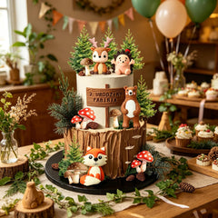 RASSLISA toppers arranged on single-layer cake demonstrating quick styling and charming woodland scene