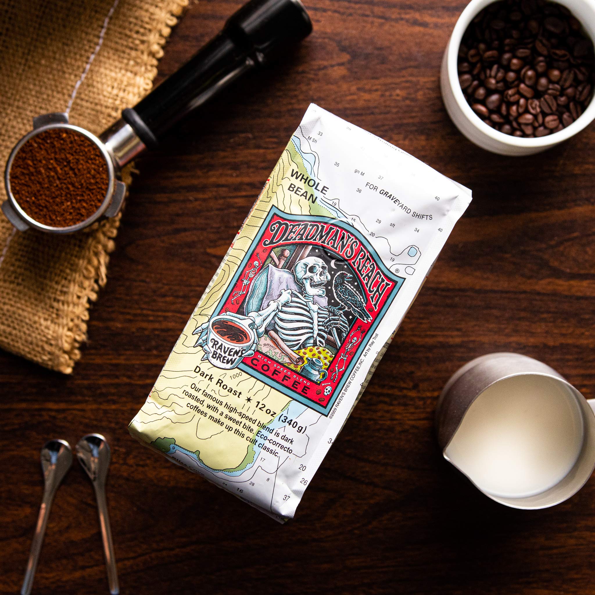 Raven's Brew bag label detail emphasizing blend names and clear roast information