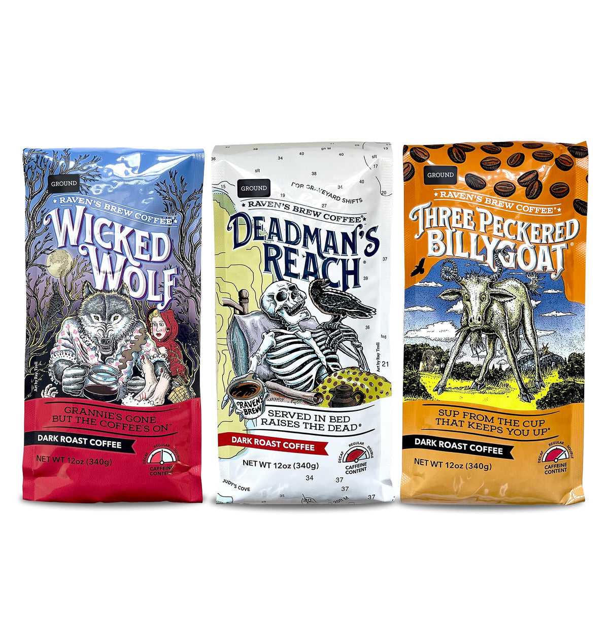 Raven's Brew front packaging showing three 12 oz bags and benefit of immediate freshness