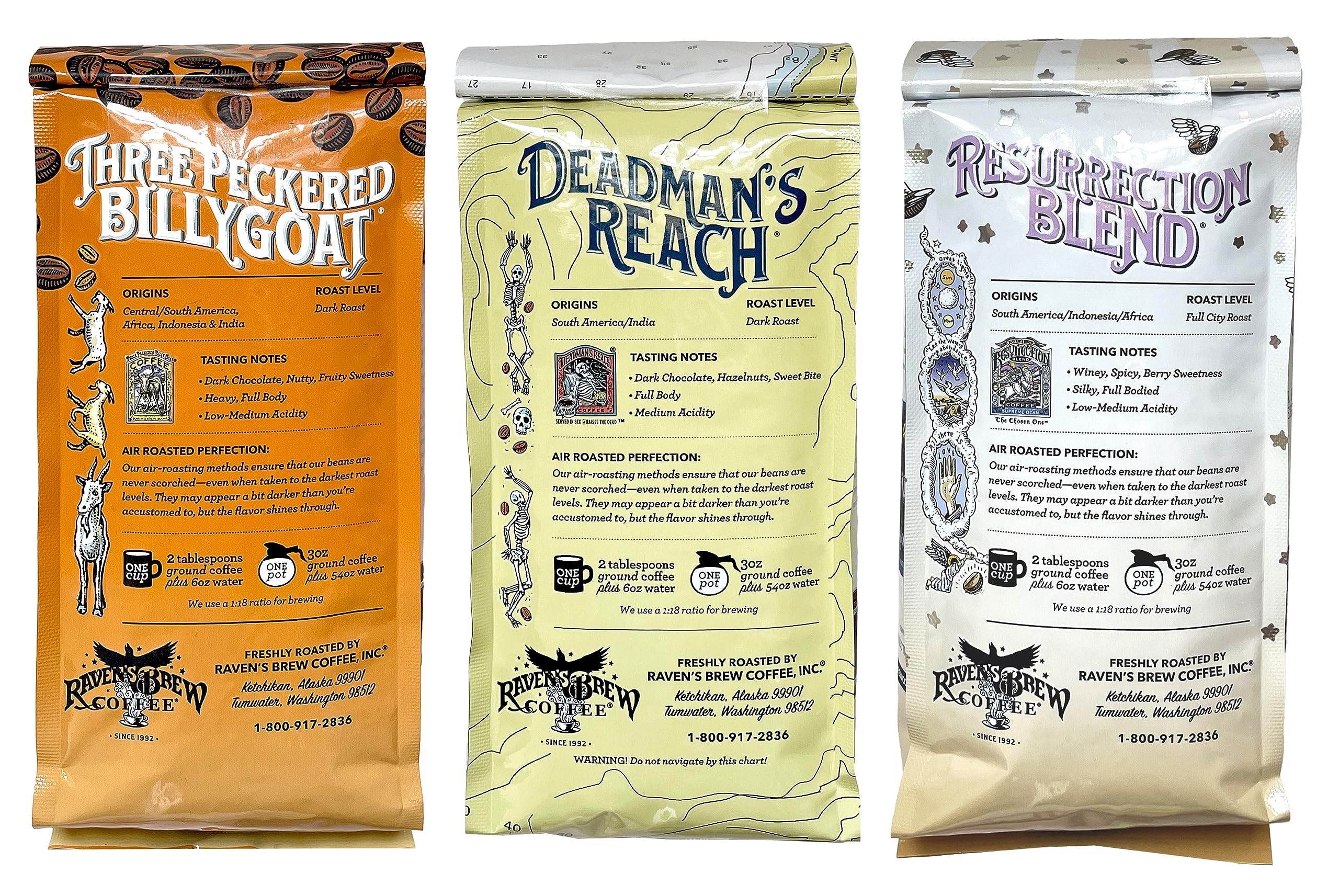 Raven's Brew three bags arranged to compare blends, helps visual selection of flavors