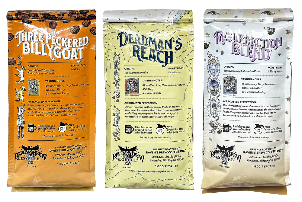 Raven's Brew three bags arranged to compare blends, helps visual selection of flavors
