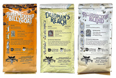 Raven's Brew three bags arranged to compare blends, helps visual selection of flavors