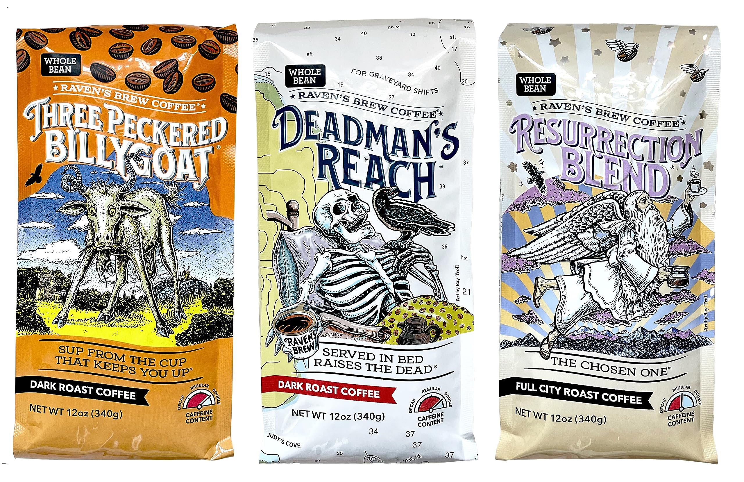 Raven's Brew variety pack front view showing three sealed 12oz bags and branding, highlights convenience