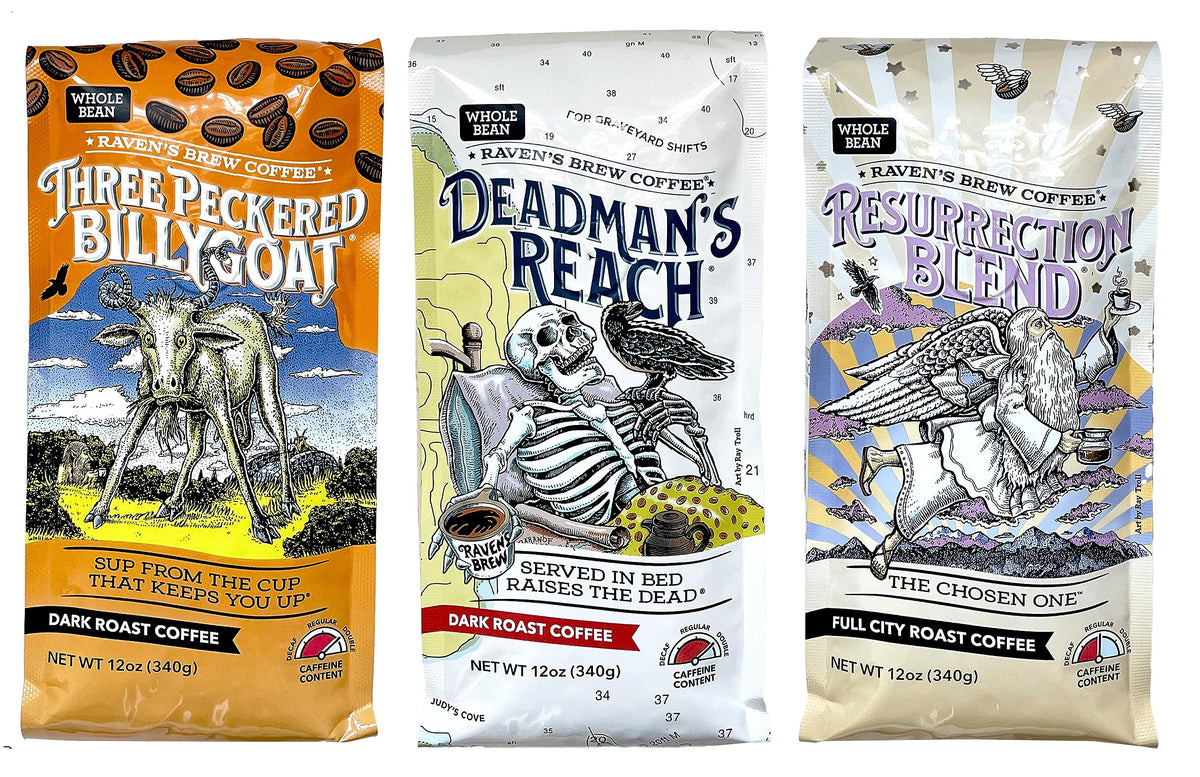Raven's Brew variety pack front view showing three sealed 12oz bags and branding, highlights convenience