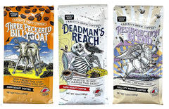 Raven's Brew variety pack front view showing three sealed 12oz bags and branding, highlights convenience