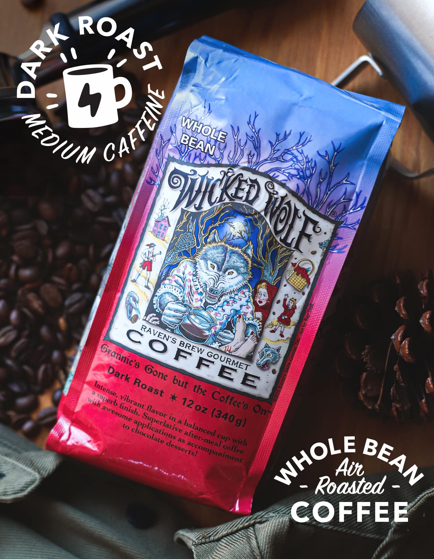 Raven's Brew Wicked Wolf whole beans close-up showing rich texture and aroma