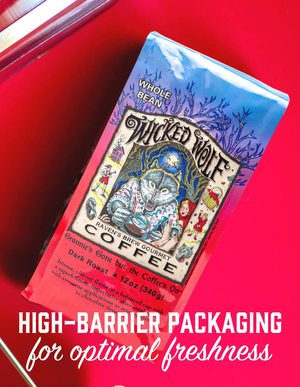 Raven's Brew Wicked Wolf beans beside grinder illustrating grind-to-order control