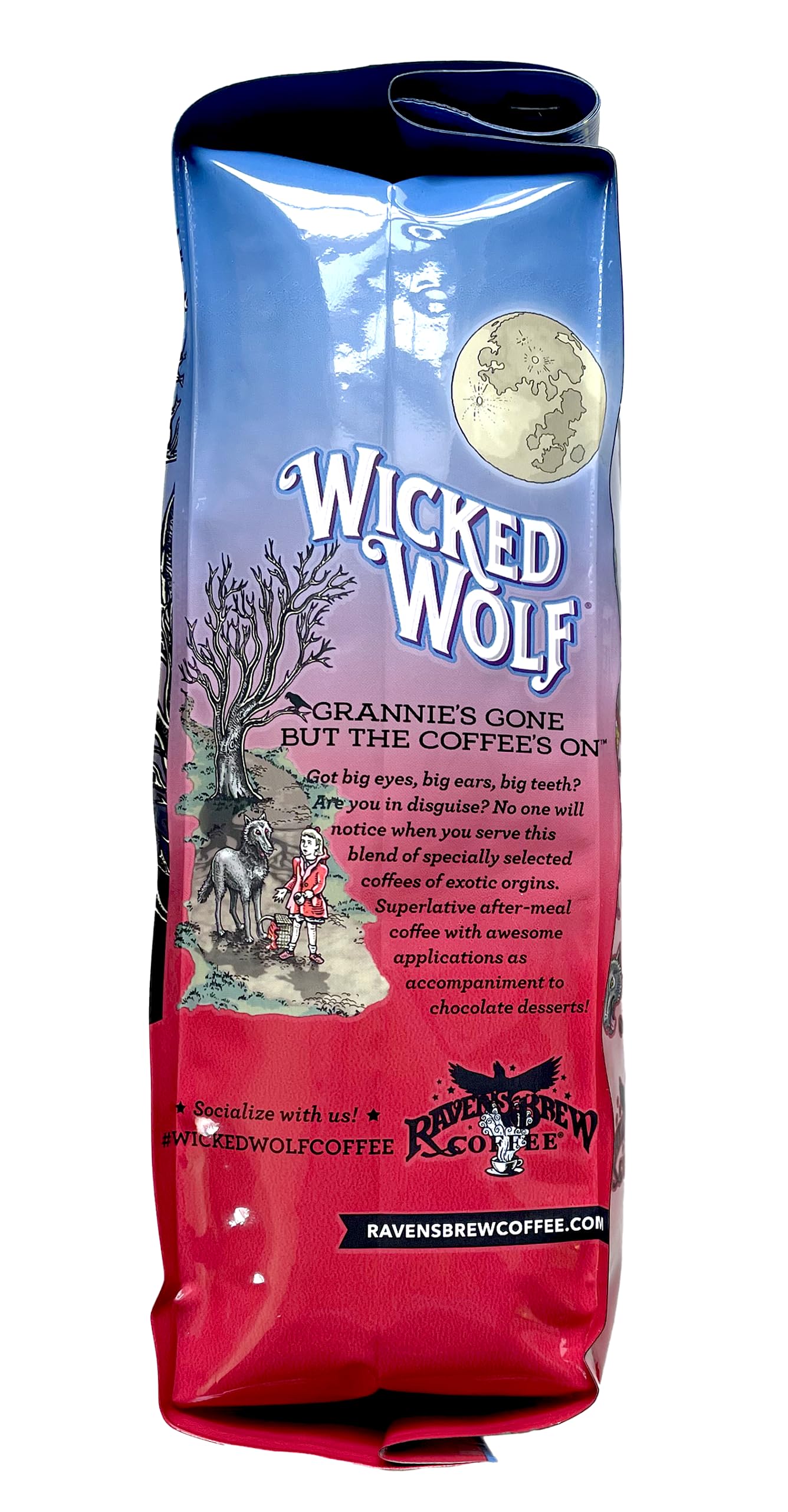Raven's Brew Wicked Wolf 12oz bag on scale showing retail size and portion clarity