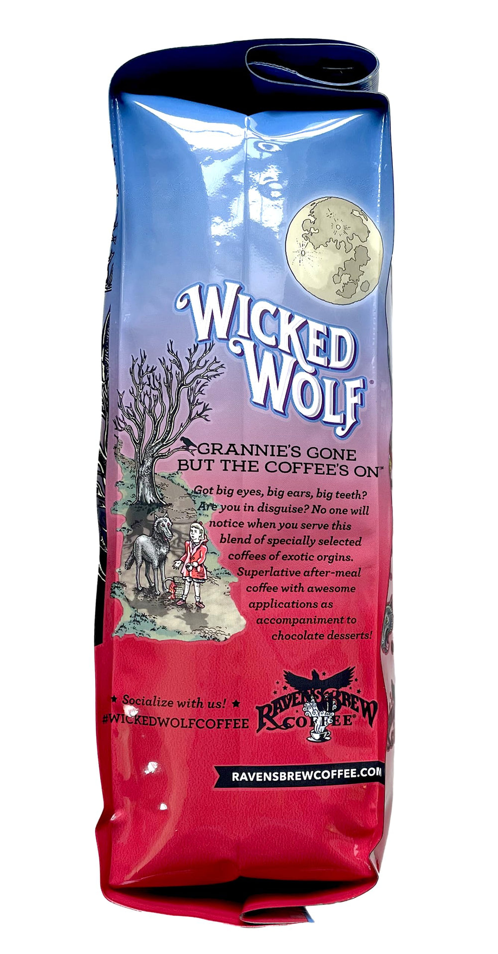 Raven's Brew Wicked Wolf 12oz bag on scale showing retail size and portion clarity