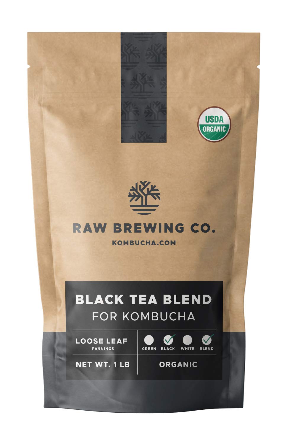 Raw Brewing Company front packaging showing organic black tea and brewing yield benefit