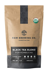 Raw Brewing Company front packaging showing organic black tea and brewing yield benefit