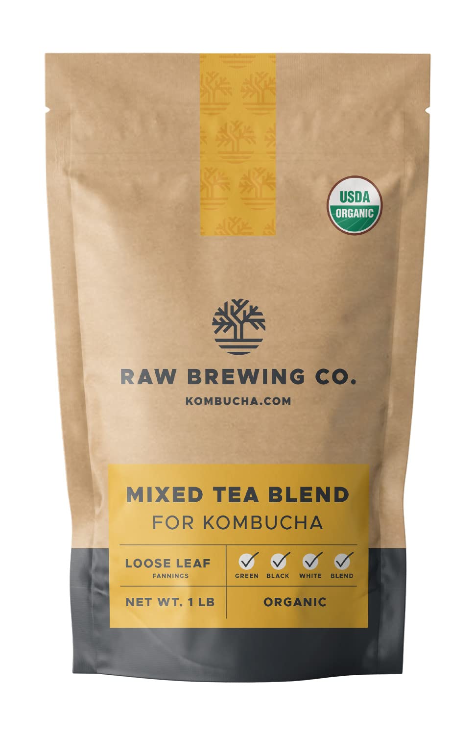 Raw Brewing Company front packaging showing certified organic loose leaf tea and quantity benefit