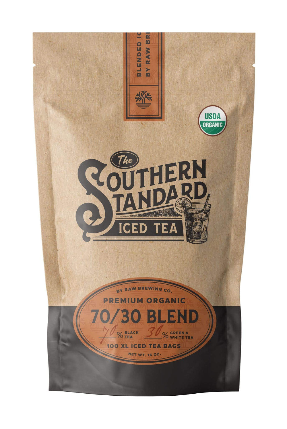 Raw Brewing Company front packaging of The Southern Standard 70/30 showing organic label and included tea bags, clear ingredient benefit