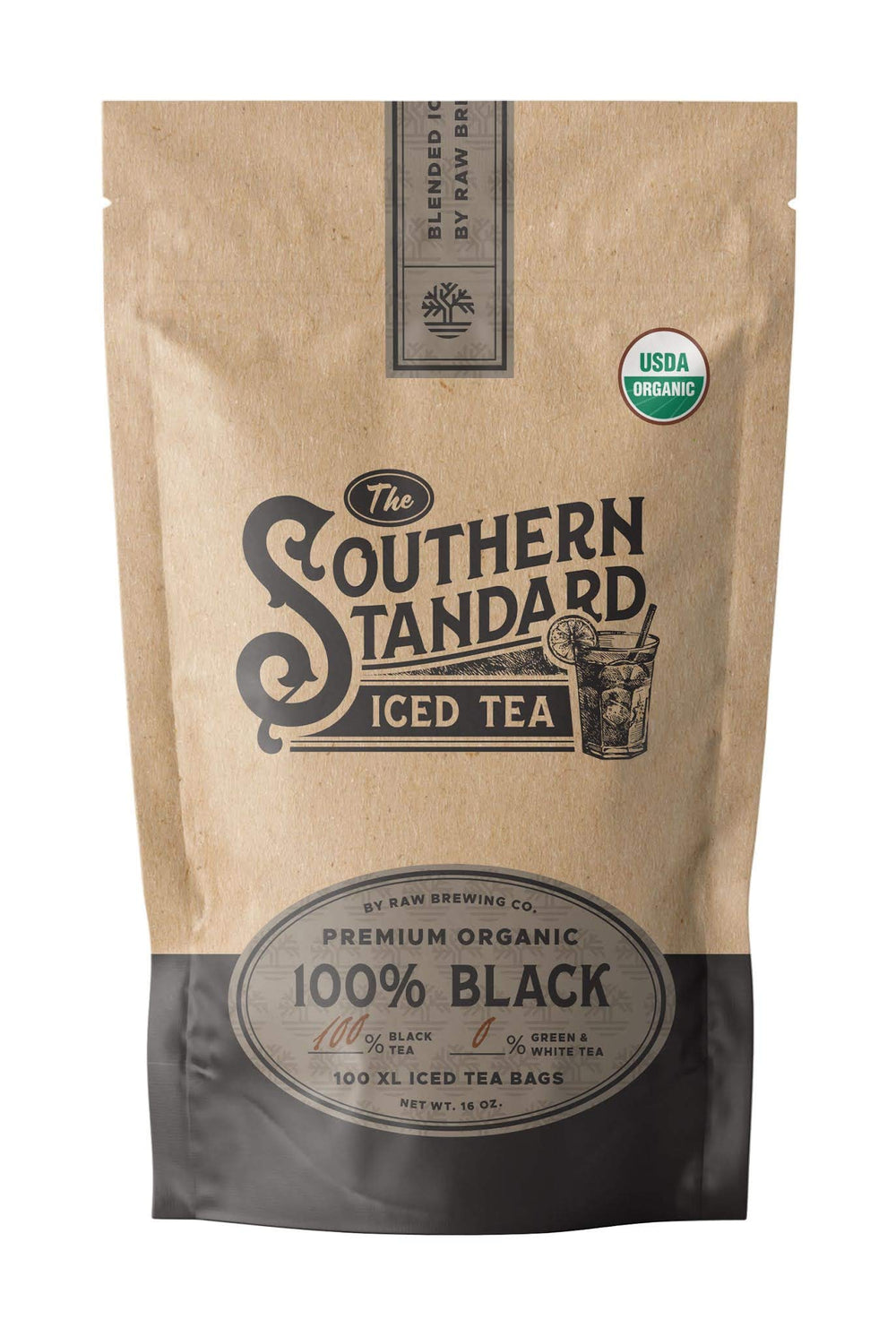 Raw Brewing Company front packaging showing organic half-pound and 50 XL bags, clear labeling benefit