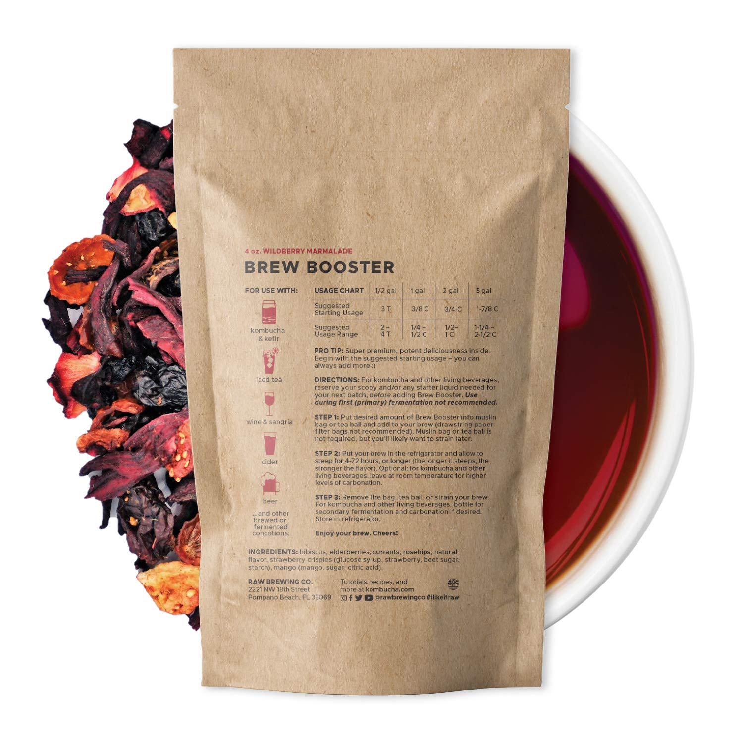Raw Brewing Company loose-leaf close-up showing berries and botanicals for vivid flavor