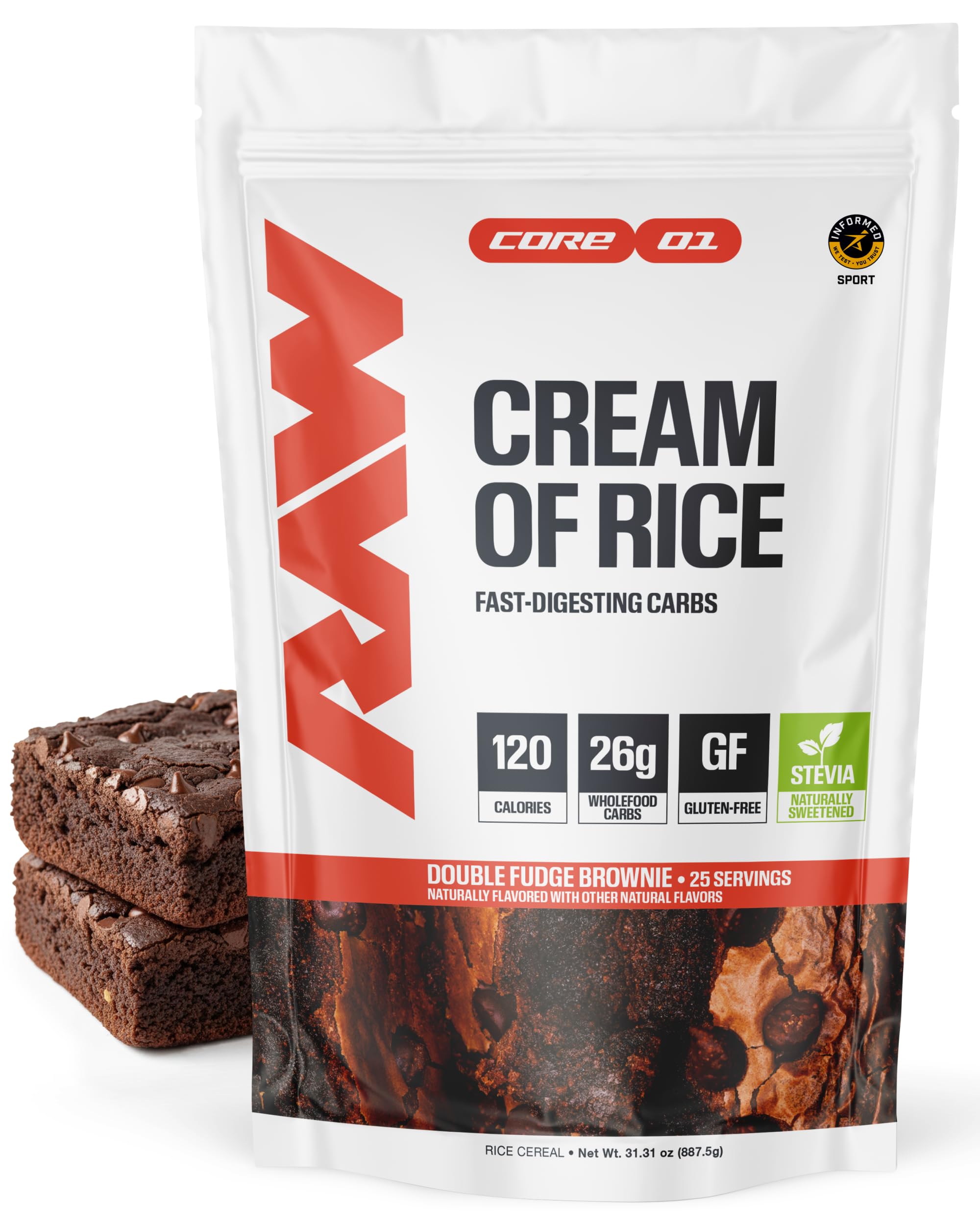 RAW front packaging showing 800g tub and Double Fudge Brownie label, clear product identity
