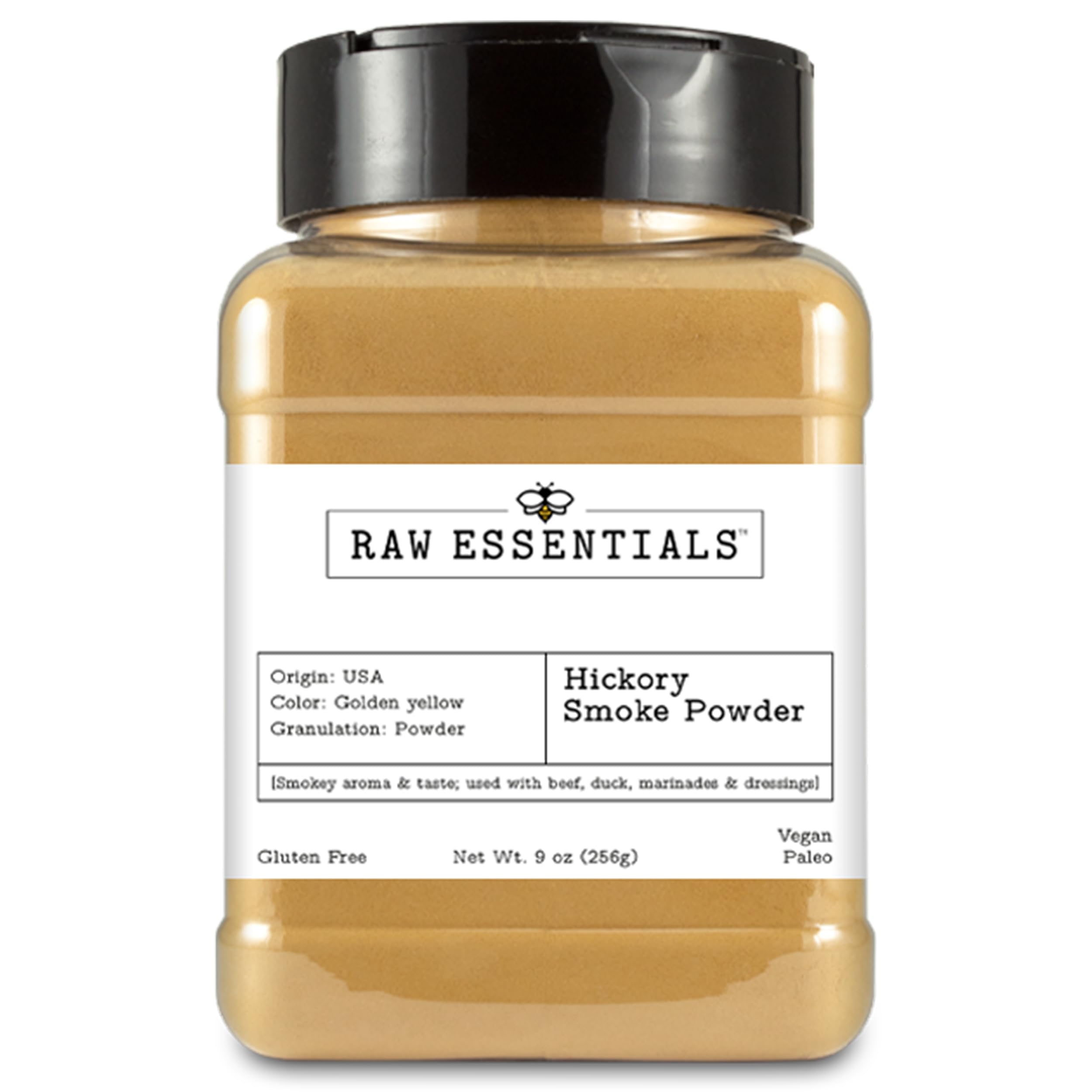 Raw Essentials front packaging shows 9 oz bottle and label benefit quick smoky seasoning