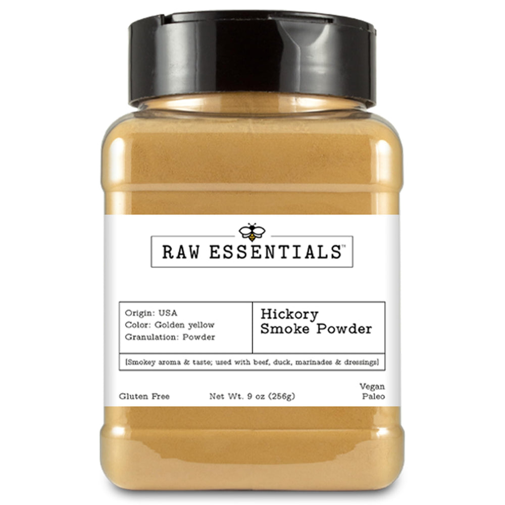 Raw Essentials front packaging shows 9 oz bottle and label benefit quick smoky seasoning