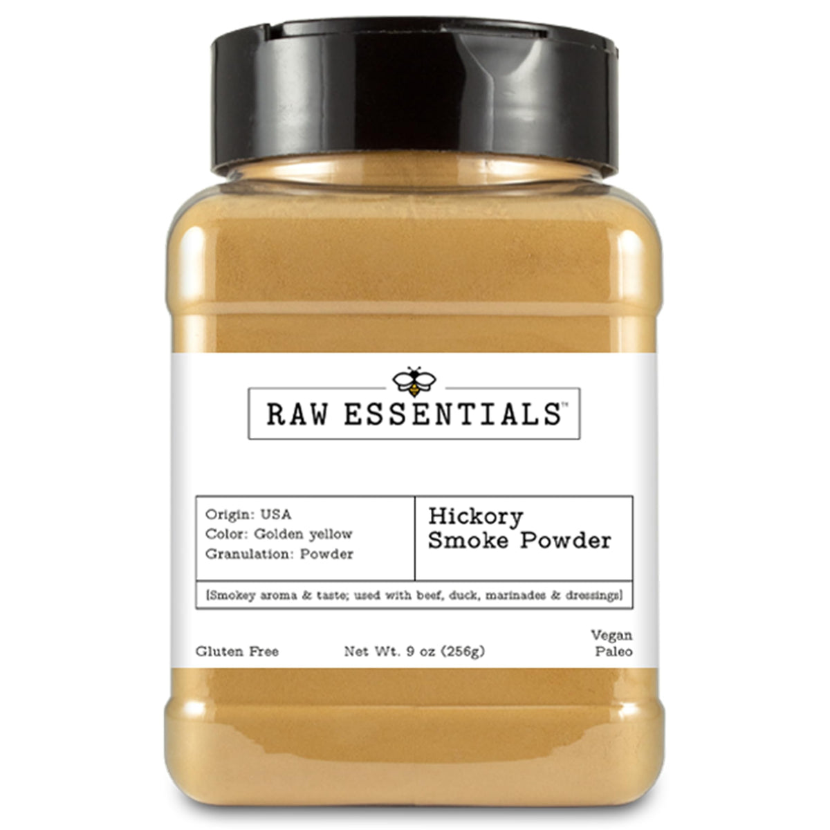 Raw Essentials front packaging shows 9 oz bottle and label benefit quick smoky seasoning