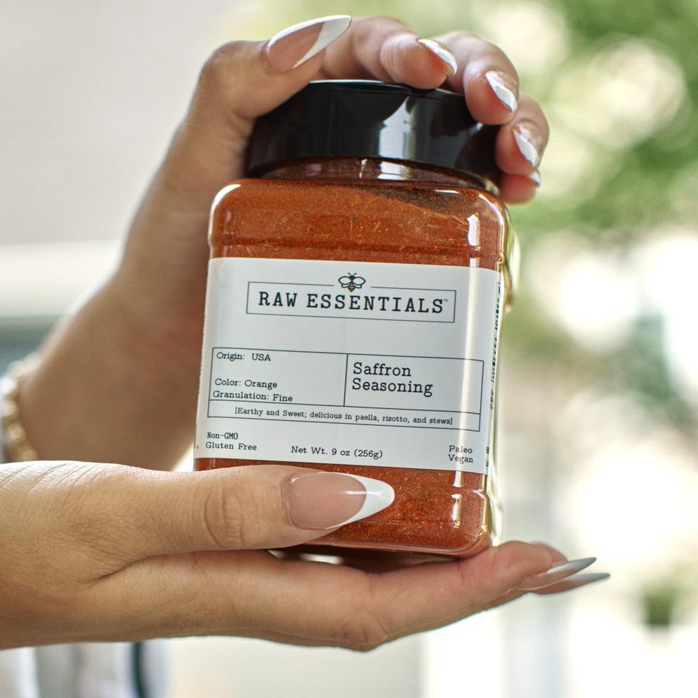 Raw Essentials ingredient label view showing saffron and clean dietary benefits