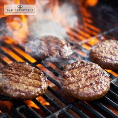 Raw Essentials seasoned burger with caramelized crust demonstrating flavor boost