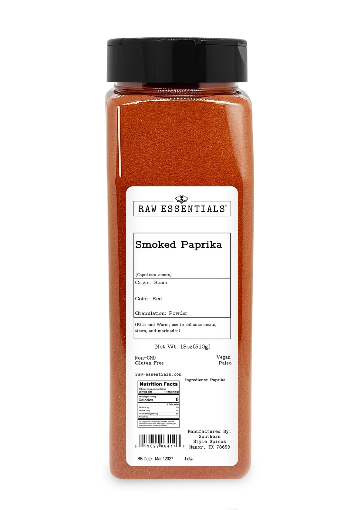 Raw Essentials jar front view showing 18 oz smoked paprika and clear labeling benefit: easy identification