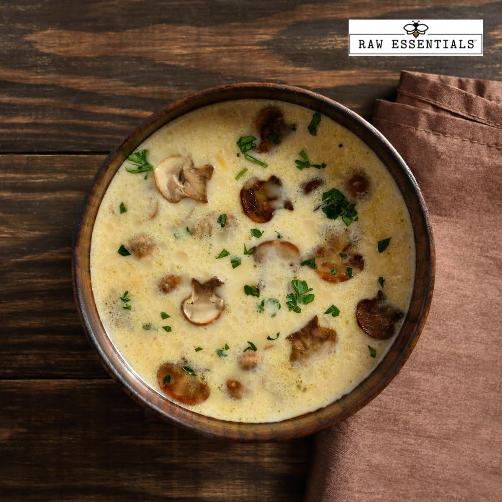 Bowl of soup enhanced with Raw Essentials, richer savory taste visible