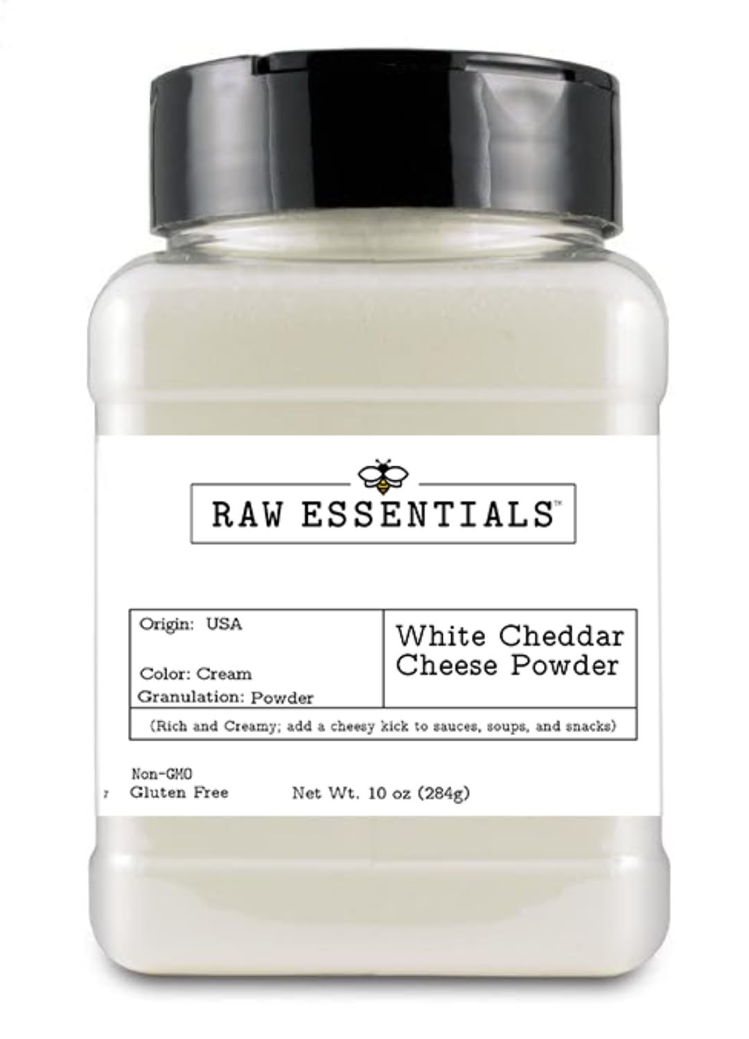 Raw Essentials bottle front view showing white cheddar packaging and easy use