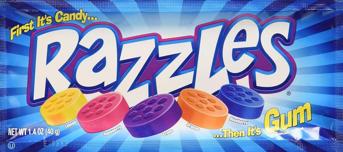 RAZZLES front packaging showing single 1.4oz bag and readable branding benefit: easy grab-and-go