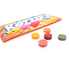Close-up of Razzles Tropical texture showing glossy candy surface
