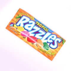 Razzles Tropical open bag with candy pieces visible, easy portioning