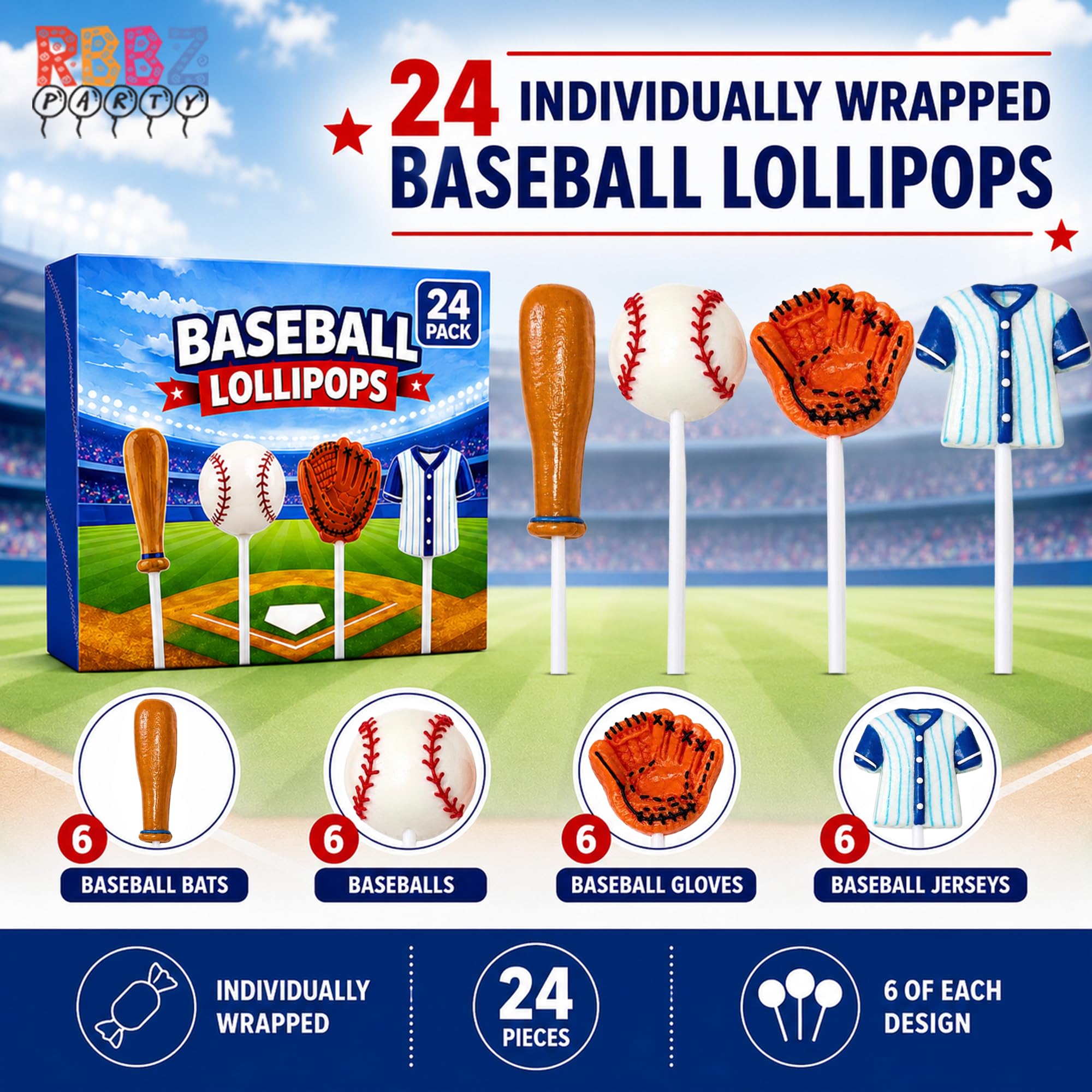 RBBZ Party close-up of baseball lollipop surface highlighting colorful design appeal