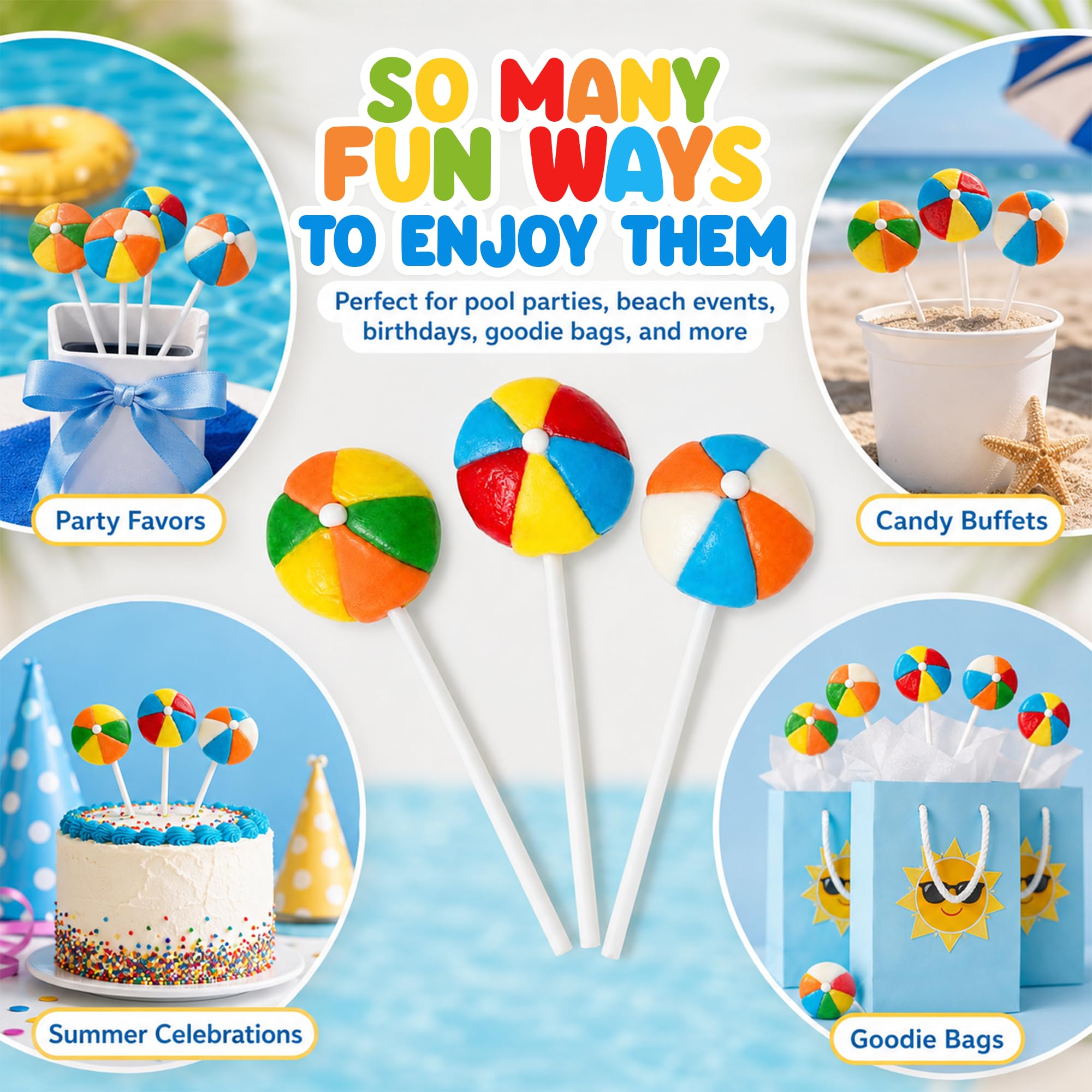 RBBZ Party beach ball lollipops arranged on table display adding colorful themed decoration benefit