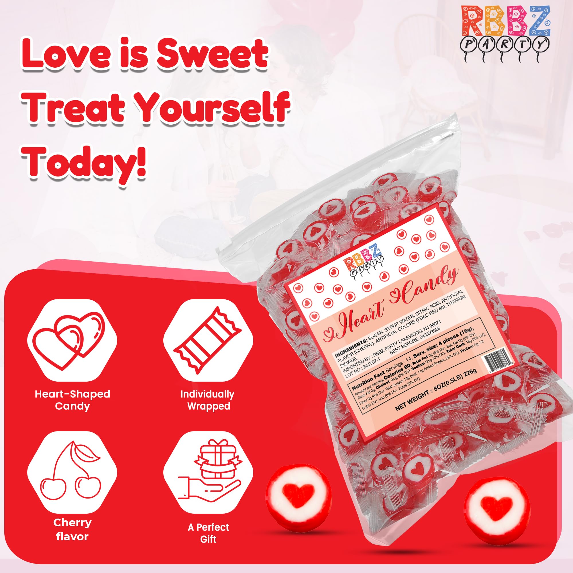 RBBZ Party close-up of heart candy surface highlighting smooth texture and color