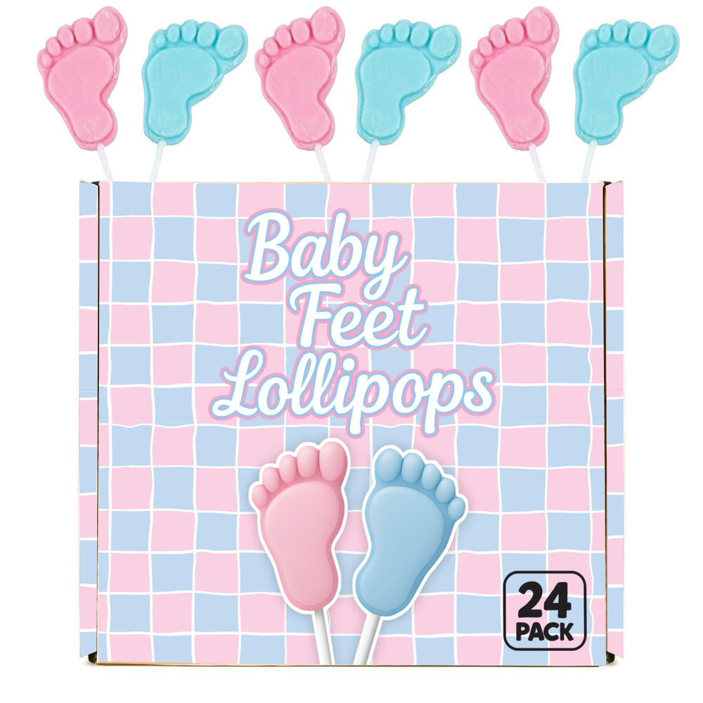 RBBZ Party close-up of pink and blue footprint-shaped lollipops, themed decoration detail