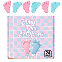 RBBZ Party close-up of pink and blue footprint-shaped lollipops, themed decoration detail