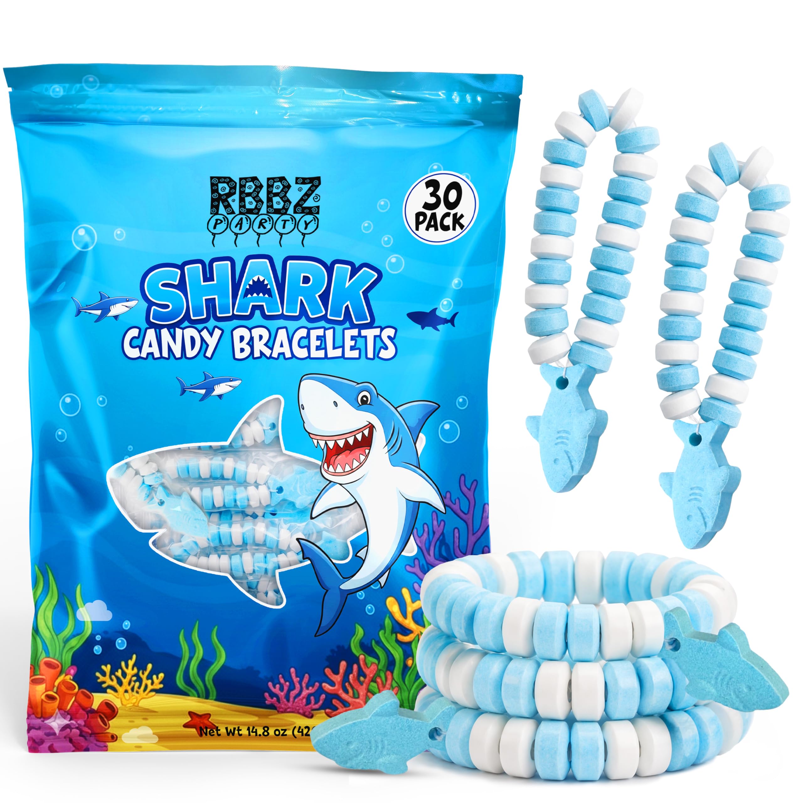 RBBZ Party front packaging showing 30-count bulk value pack and bright shark graphics for easy party prep