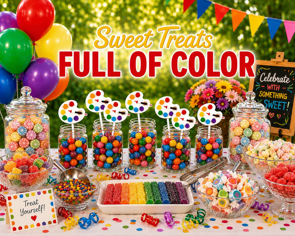 RBBZ Party lollipops on birthday table with kids enjoying creative party atmosphere