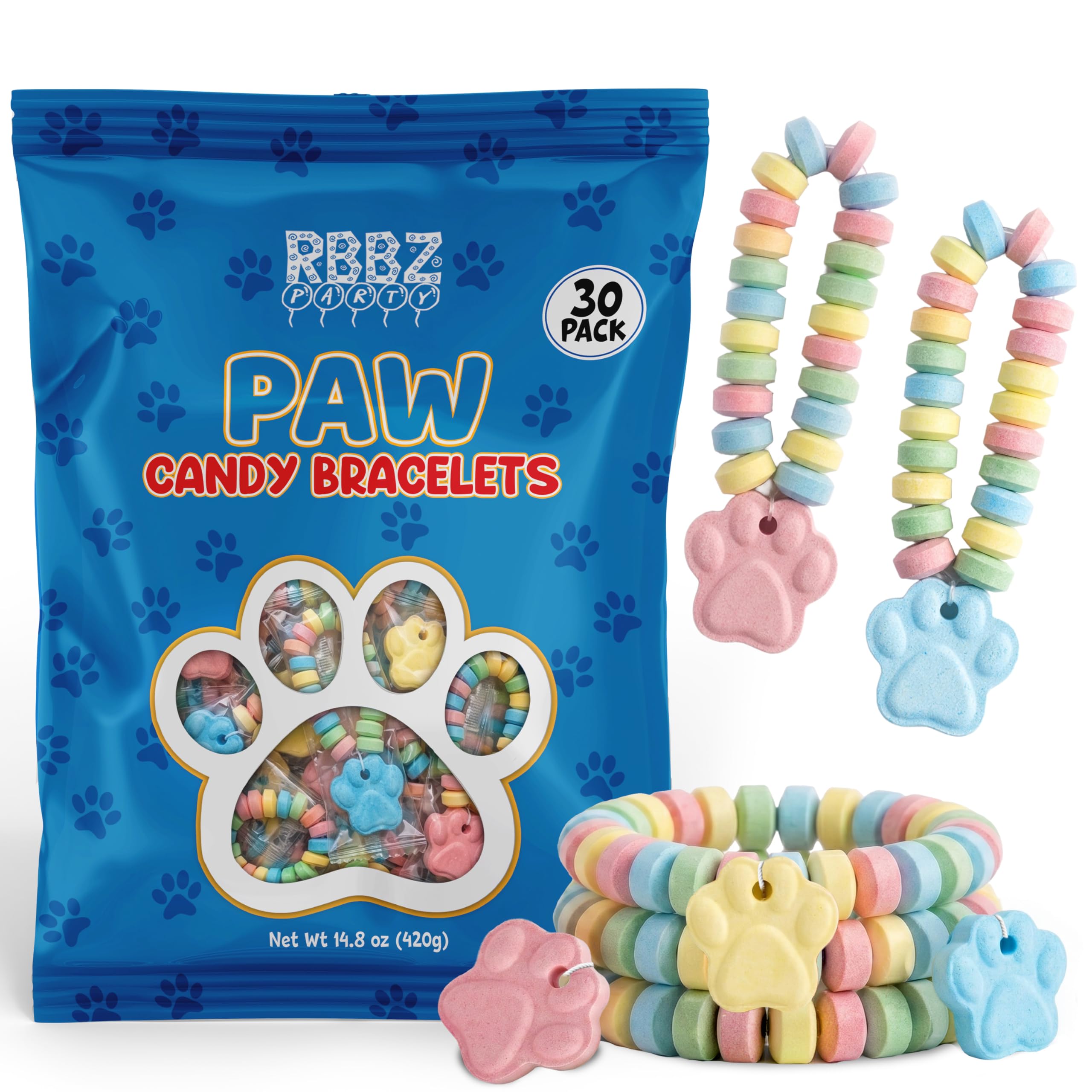 RBBZ Party front packaging showing 30 paw bracelets, easy bulk favors