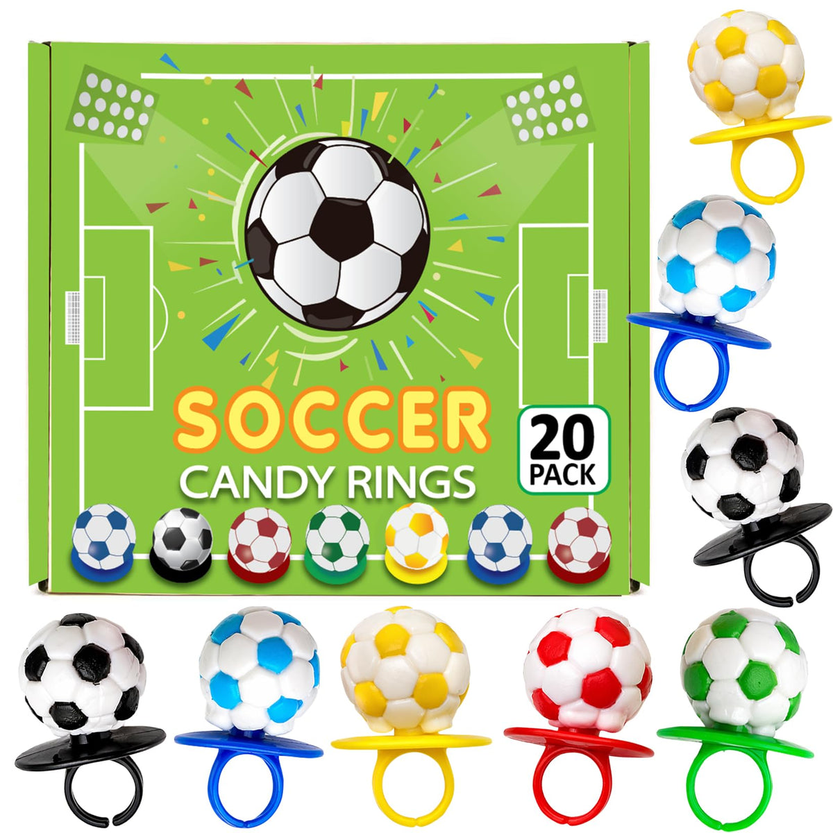 RBBZ Party front packaging showing 20 soccer candy rings and fast party setup