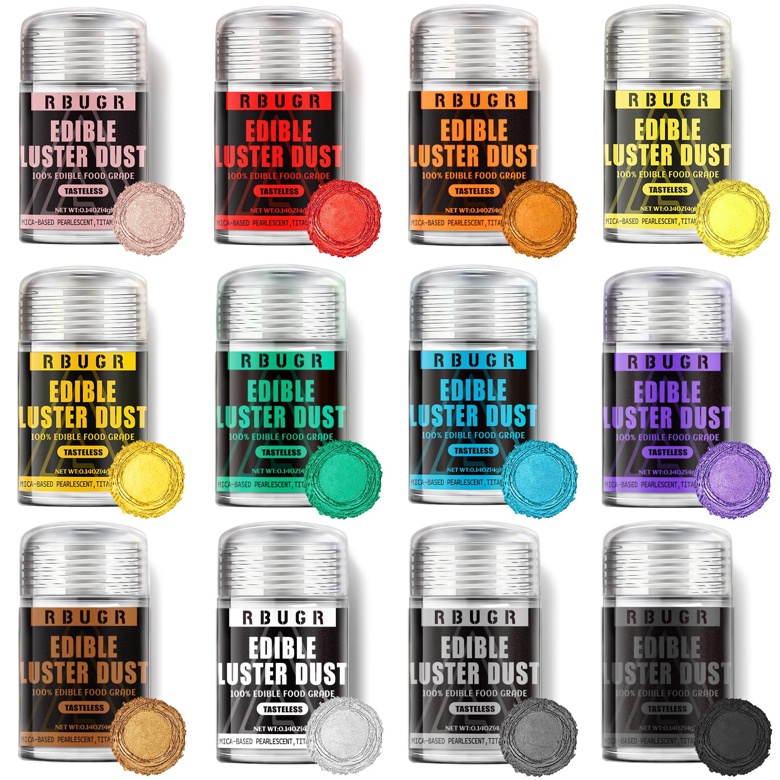 RBUGR front packaging showing twelve colorful edible glitter bottles for creative drinks